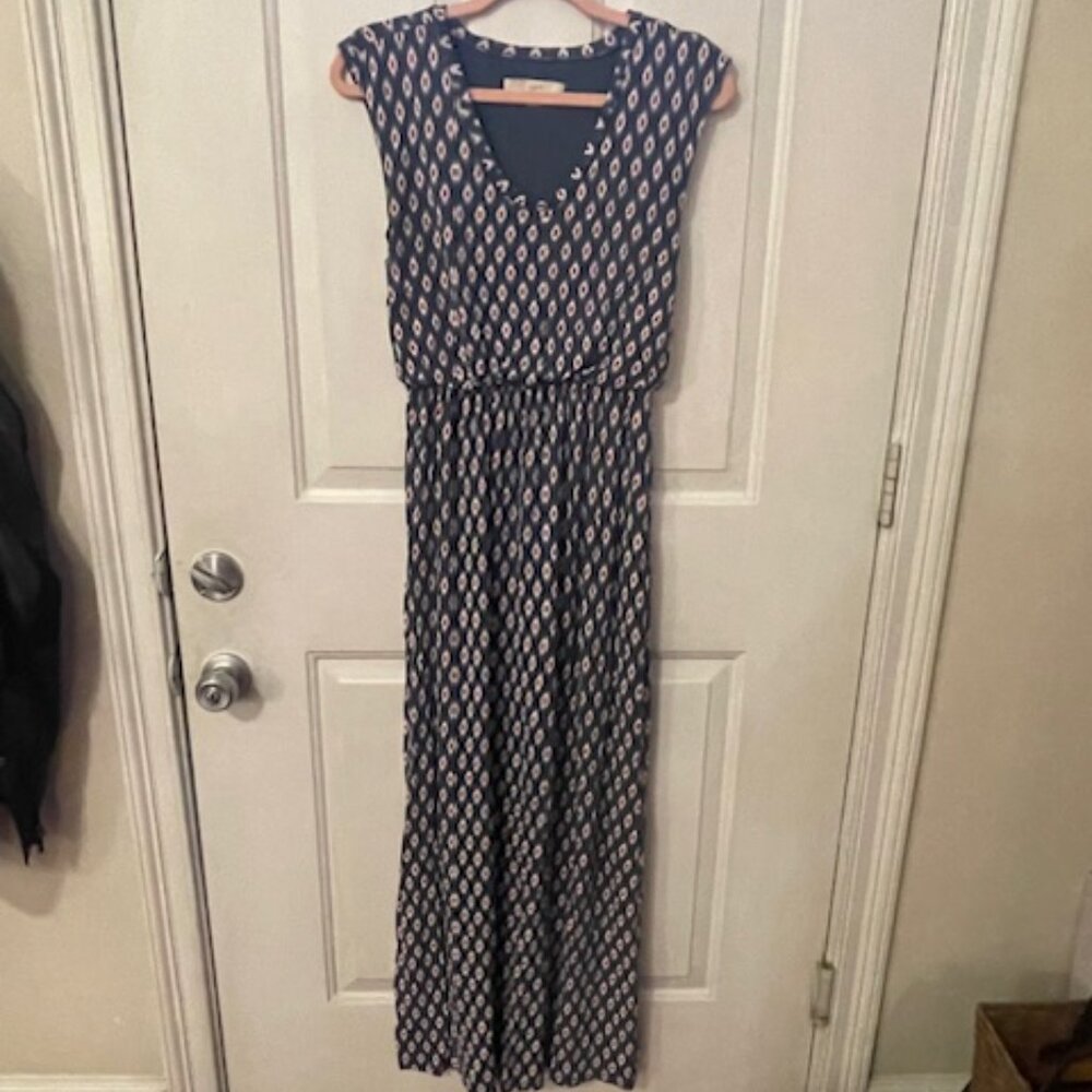 Sleeveless Gathered Waist Maxi Dress XSmall Loft Blueish Grey with Red and White